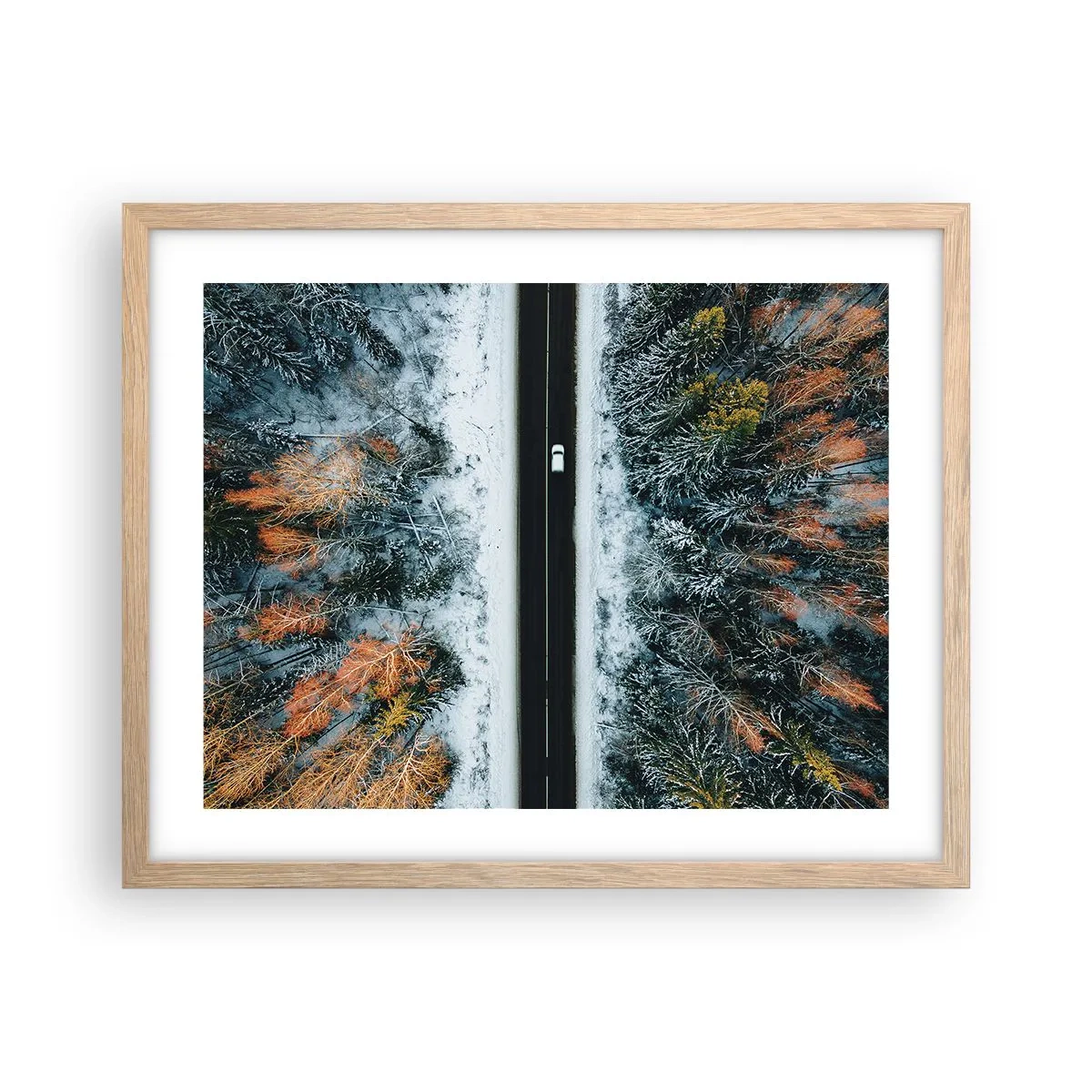 Plakát v rámu světlý dub - Přes zimní les - 50x40 cm