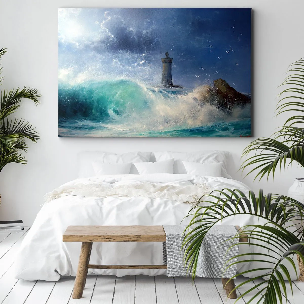 Obraz na plátně - Maják obklopený rozbouřenými vlnami a mraky - 70x50cm - Na stráži proti živlům - Moderní nástěnná dekorace do obývacího pokoje a ložnice ARTTOR