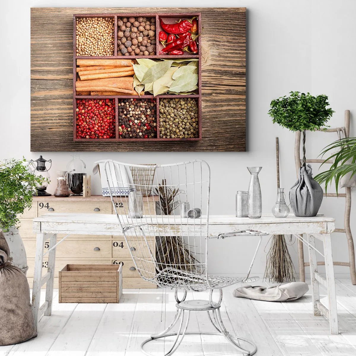 Obraz na plátně - Dřevěná krabička s různým kořením v přihrádkách - 70x50cm - Pořádek tvarů, buket vůní - Moderní nástěnná dekorace do obývacího pokoje a ložnice ARTTOR