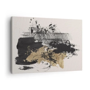 Obraz na plátně - Abstraktní obraz v černé a zlaté barvě s dynamickými liniemi a strukturami. - 70x50cm - Kompozice s vášní - Moderní nástěnná dekorace do obývacího pokoje a ložnice ARTTOR