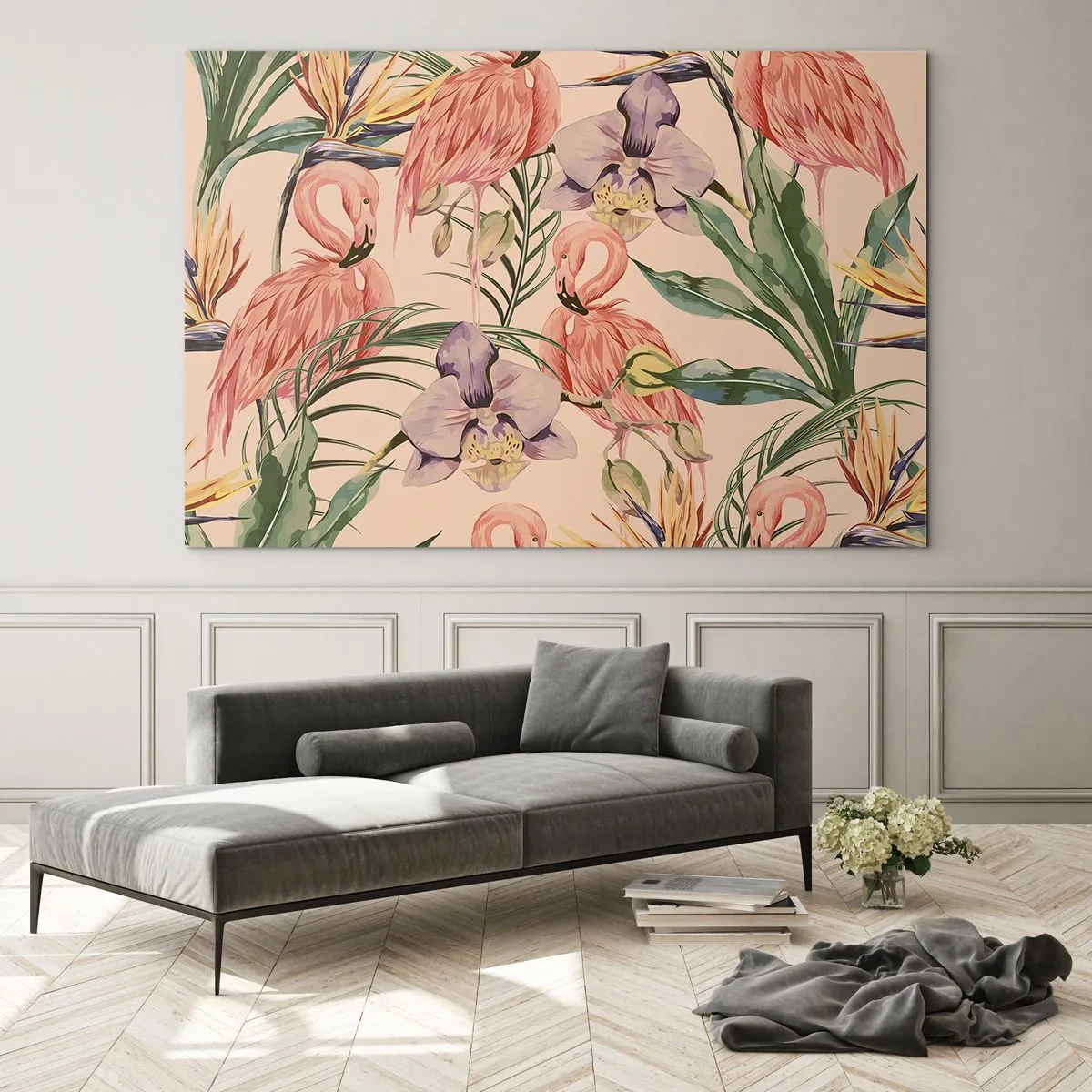 Obraz na skle - Plameňáci obklopení tropickými květinami a rostlinami - 70x50cm - Růžový balet v květech - Moderní nástěnná dekorace do obývacího pokoje a ložnice ARTTOR