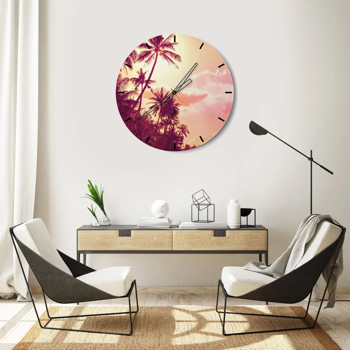 Nástěnné hodiny - Palmy proti obloze při západu slunce - 30x30cm - Musíš si vybrat - Moderní nástěnná dekorace do obývacího pokoje, kuchyně a ložnice ARTTOR