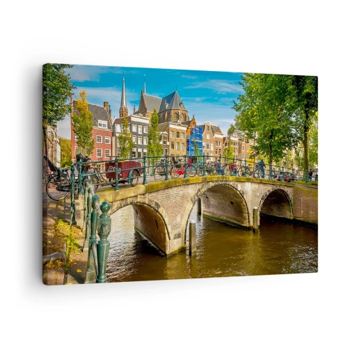 Obraz na plátně - Malebný kanál s mostem v Amsterdamu - 70x50cm - Jaro u kanálu - Moderní nástěnná dekorace do obývacího pokoje a ložnice ARTTOR