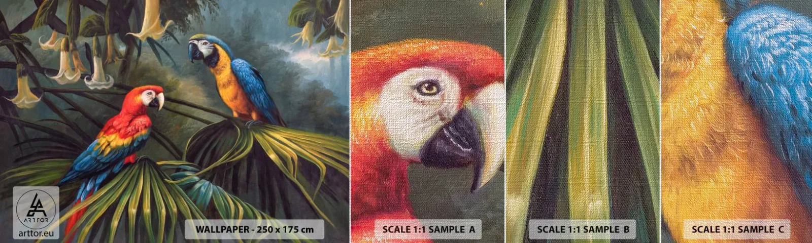 Vzor Fototapety Premium Canvas - Romantismus v tropech - Papoušek Ara, Zvířata, Tropický les - 100x30 cm