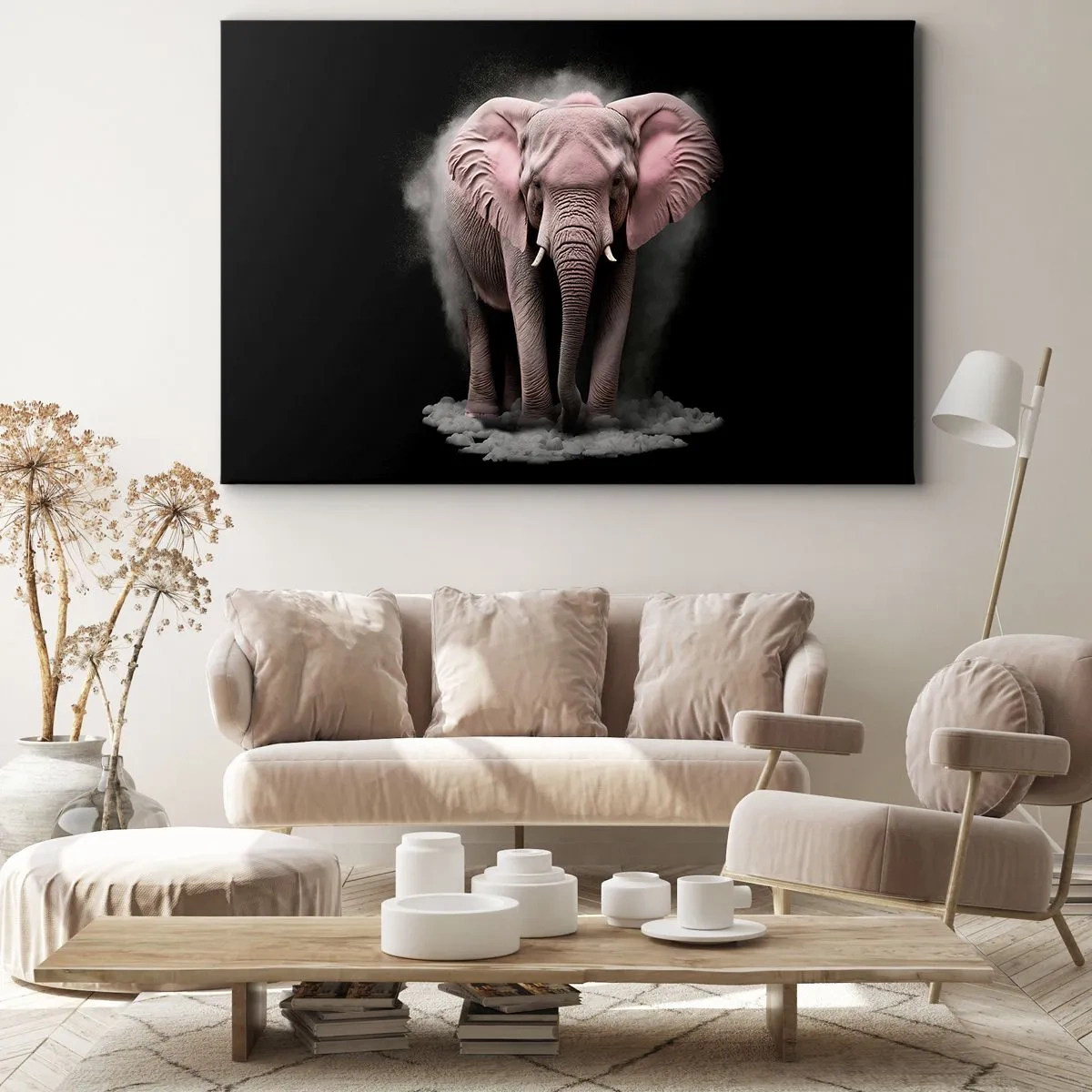 Obraz na plátně - Umělecký pohled na růžového slona na černém pozadí - 70x50cm - Nemysli na růžového slona! - Moderní nástěnná dekorace do obývacího pokoje a ložnice ARTTOR