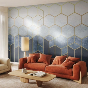 Fototapeta Standard Eco - Geometrický vzor s šestiúhelníky a zlatými čarami - 100x70cm - Kompozice v synkopickém rytmu - Moderní nástěnná dekorace do obývacího pokoje a ložnice ARTTOR