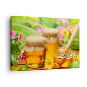 Obraz na plátně - Sklenice medu s květinami na pozadí letní zahrady - 70x50cm - Sladce a květinově - Moderní nástěnná dekorace do obývacího pokoje a ložnice ARTTOR