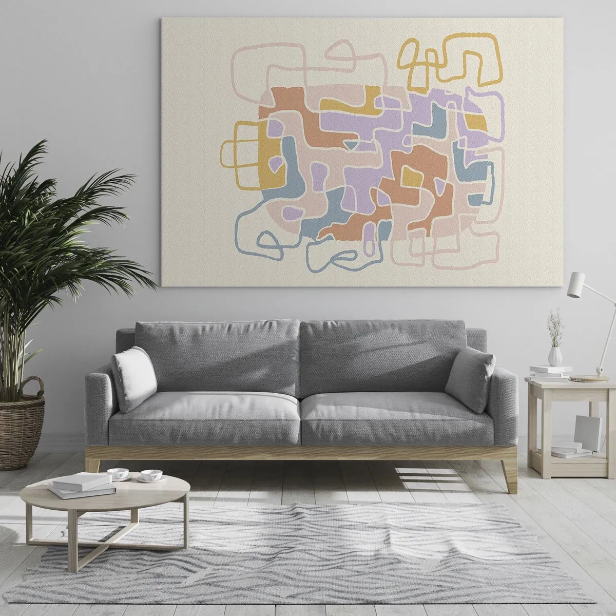 Obraz na skle - Barevné bludiště čar na krémovém pozadí - 70x50cm - Labyrint – veselé dobrodružství - Moderní nástěnná dekorace do obývacího pokoje a ložnice ARTTOR