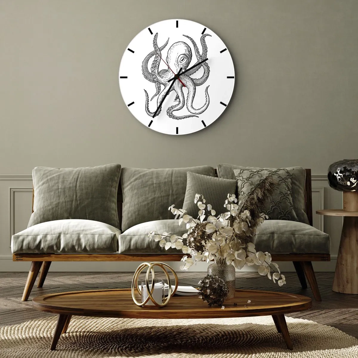 Nástěnné hodiny - Ilustrace chobotnice ve vintage stylu na bílém pozadí - 30x30cm - Tančící s vlnami - Moderní nástěnná dekorace do obývacího pokoje, kuchyně a ložnice ARTTOR