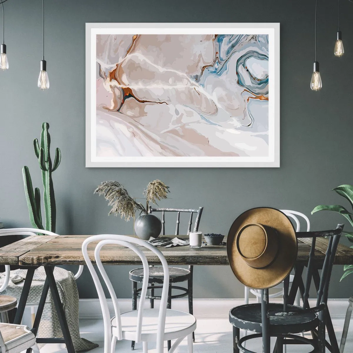 Plakát v bílém rámu - Modré meandry pod bílou - 100x70 cm