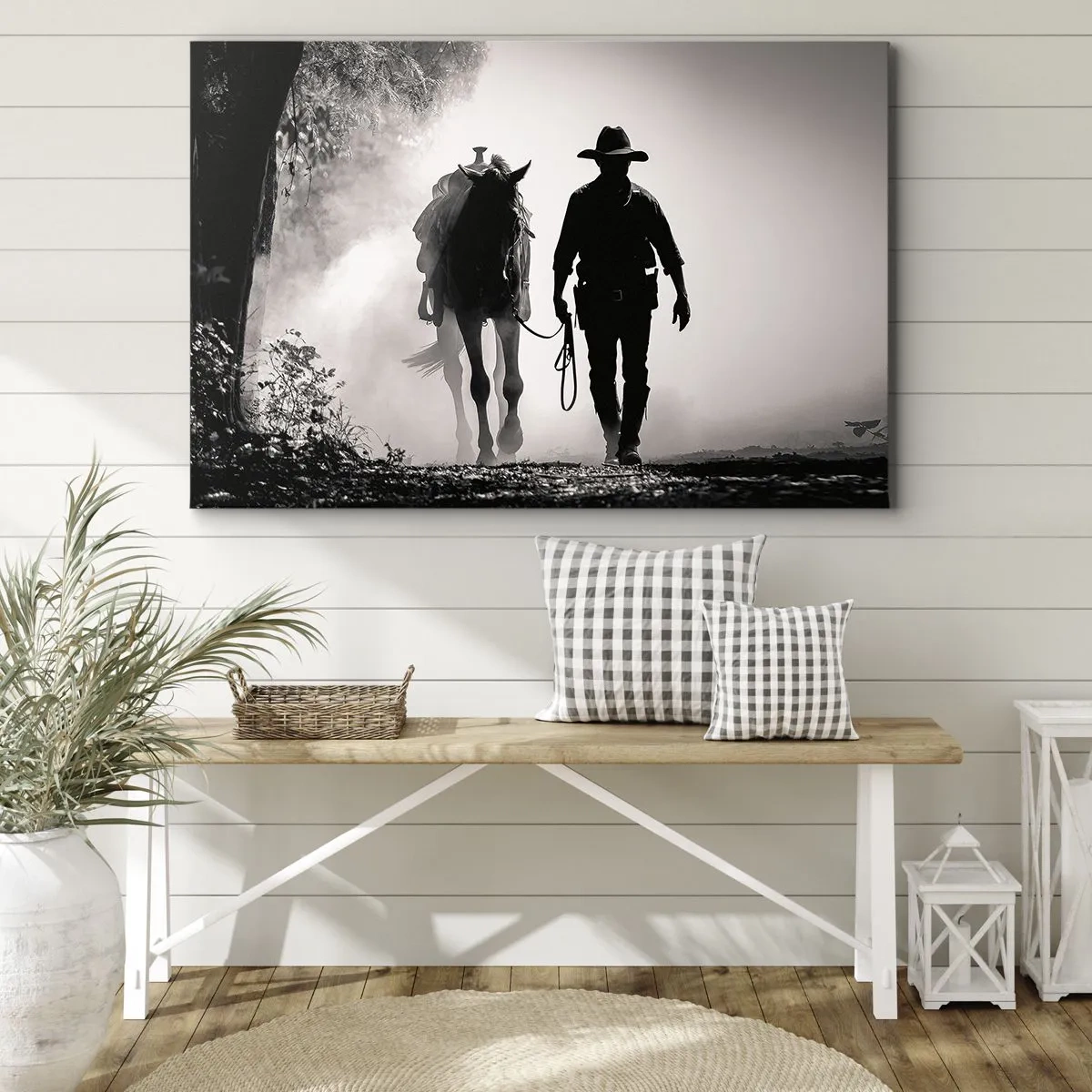 Obraz na plátně - Kovboj s koněm v ranní mlze - 70x50cm - Texaské ráno - Moderní nástěnná dekorace do obývacího pokoje a ložnice ARTTOR