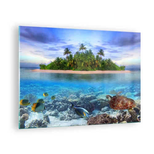 Obraz na skle - Tropický ostrov s korálovým útesem a mořským životem - 70x50cm - Nebeský ostrov zve - Moderní nástěnná dekorace do obývacího pokoje a ložnice ARTTOR