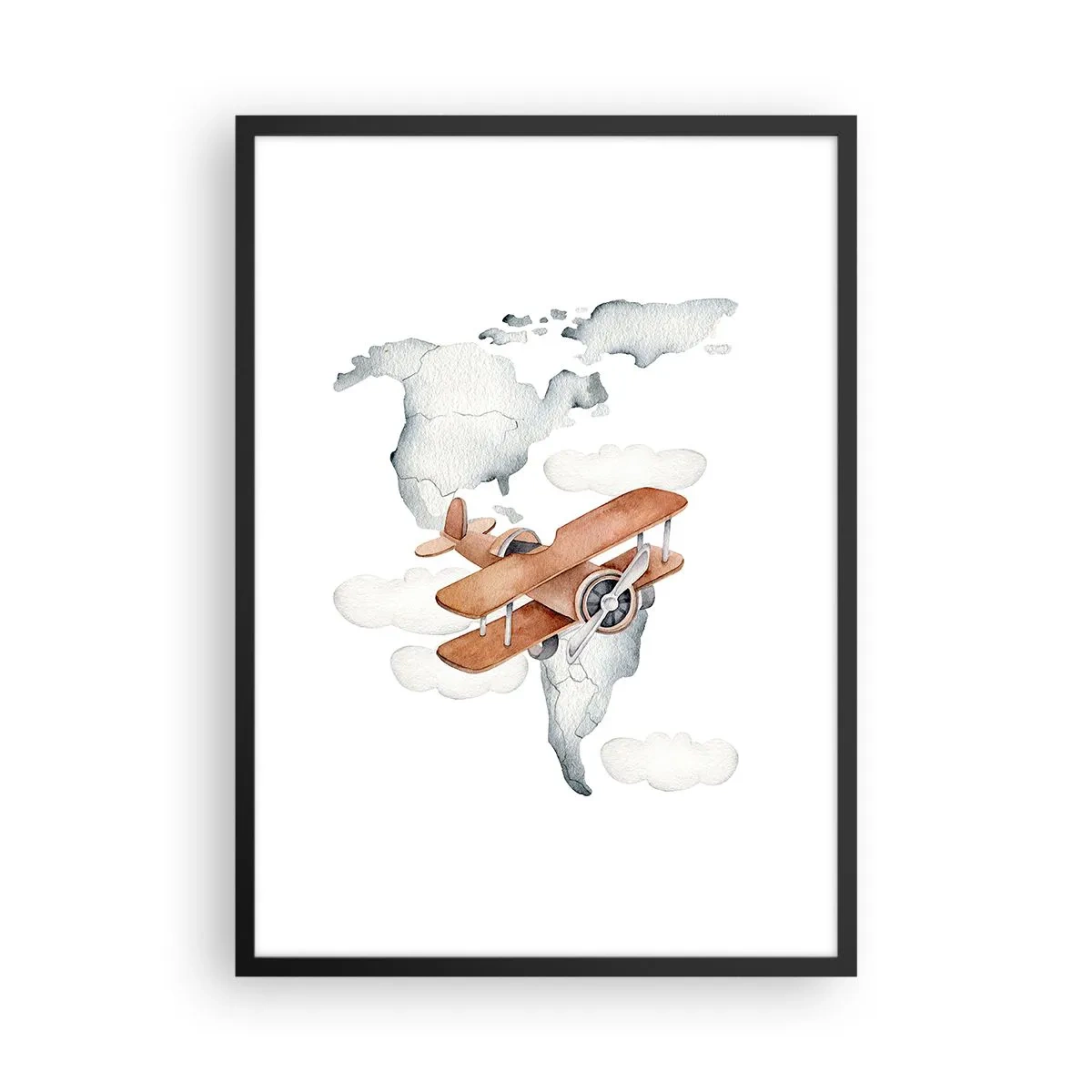 Plakát v černém rámu - Dvojplošník nad mapou světa v oblacích - 50x70cm - V průkopnickém duchu - Moderní nástěnná dekorace do obývacího pokoje a ložnice ARTTOR