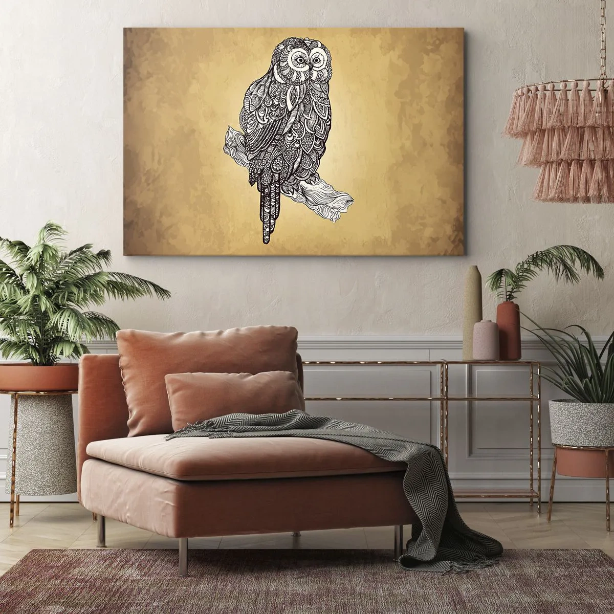 Obraz na plátně - Sova v ornamentálním stylu na béžovém pozadí - 70x50cm - Mistrovské ornamenty moudrosti - Moderní nástěnná dekorace do obývacího pokoje a ložnice ARTTOR
