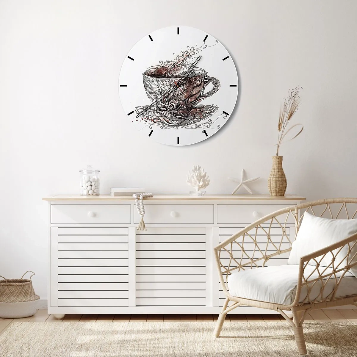 Nástěnné hodiny - Šálek kávy s uměleckým vzorem - 30x30cm - Čaj dobrý na všechno - Moderní nástěnná dekorace do obývacího pokoje, kuchyně a ložnice ARTTOR