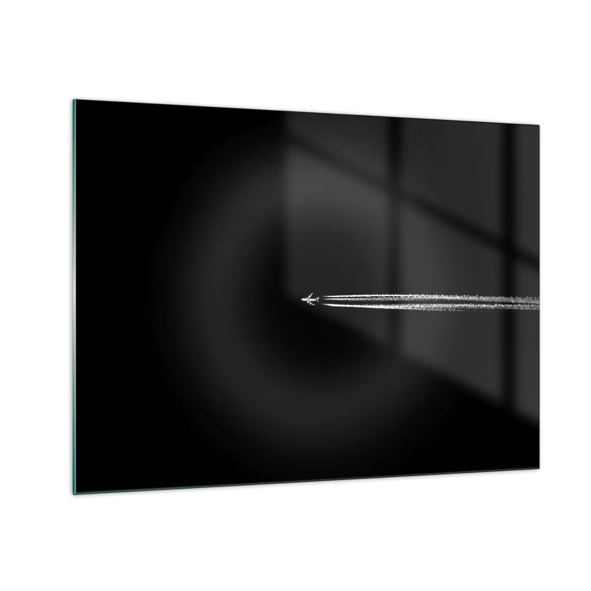 Obraz na skle - Tryskové letadlo na černém pozadí s kondenzační stopou - 70x50cm - Do jiné dimenze - Moderní nástěnná dekorace do obývacího pokoje a ložnice ARTTOR