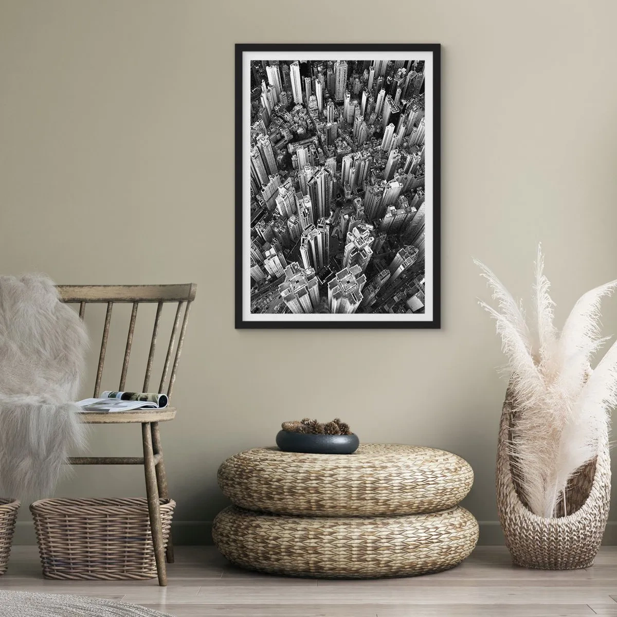 Plakát v černém rámu - Letecký pohled na městské mrakodrapy v černé a bílé - 50x70cm - Stále výš a výš - Moderní nástěnná dekorace do obývacího pokoje a ložnice ARTTOR