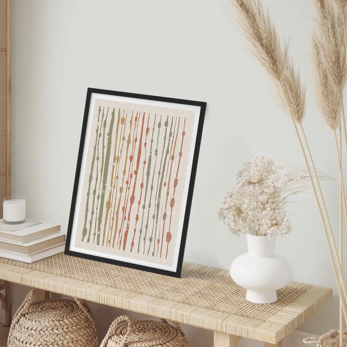 Plakát v černém rámu - Abstraktní svislé čáry v přírodních odstínech - 50x70cm - Hudební záznam barev - Moderní nástěnná dekorace do obývacího pokoje a ložnice ARTTOR