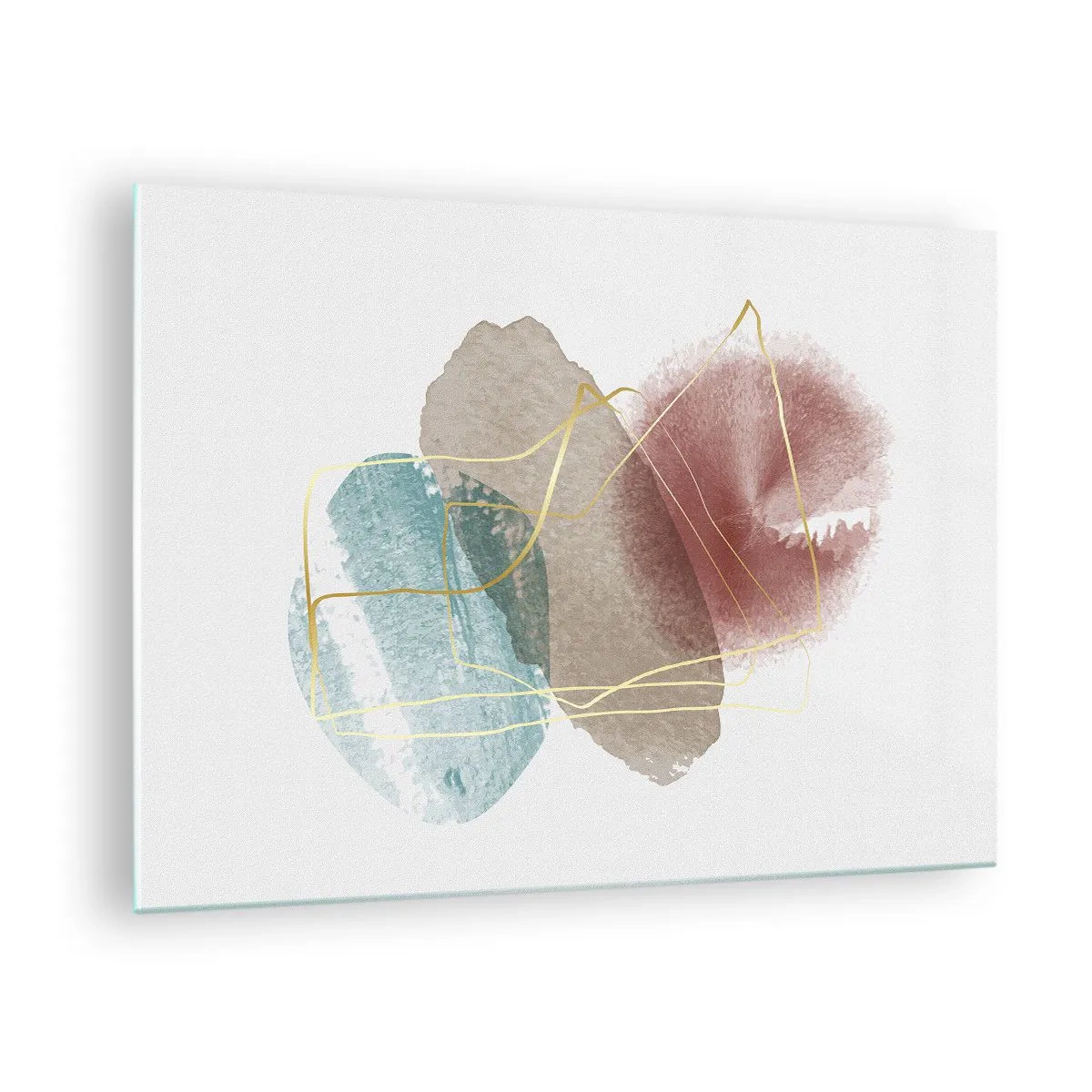 Obraz na skle - Abstraktní akvarelové cákance a zlaté linky - 70x50cm - Korálky prostoru - Moderní nástěnná dekorace do obývacího pokoje a ložnice ARTTOR