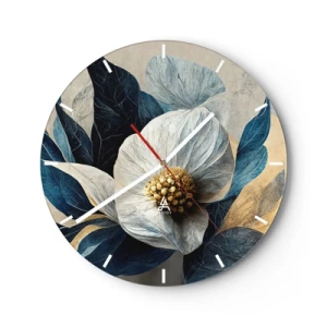 Nástěnné hodiny - Bílá květinová výzdoba s tmavě modrými listy a zlatým středem - 30x30cm - Zlaté srdce - Moderní nástěnná dekorace do obývacího pokoje, kuchyně a ložnice ARTTOR