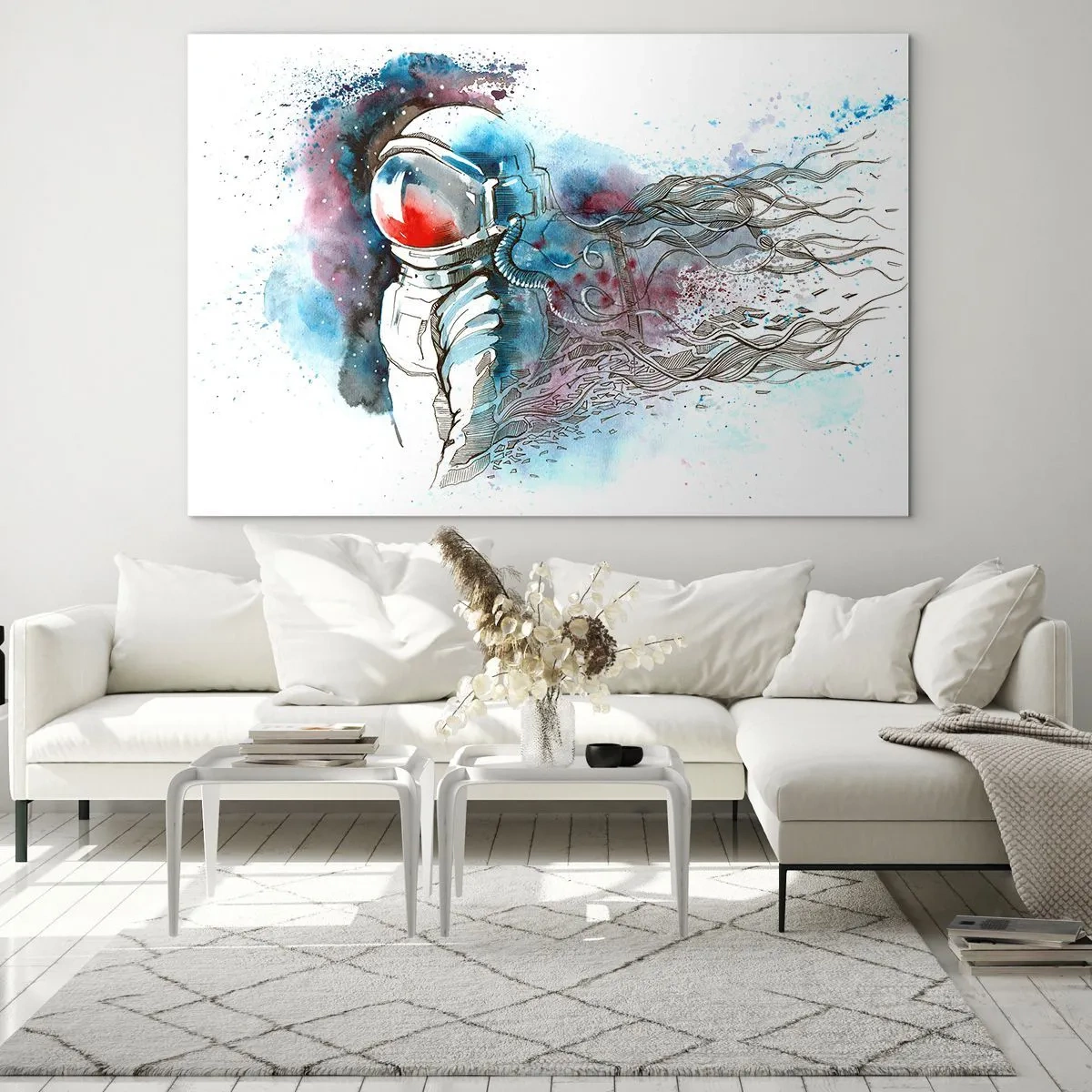 Obraz na skle - Astronaut v dynamickém akvarelovém vesmírném prostředí - 70x50cm - Sám s vesmírem - Moderní nástěnná dekorace do obývacího pokoje a ložnice ARTTOR