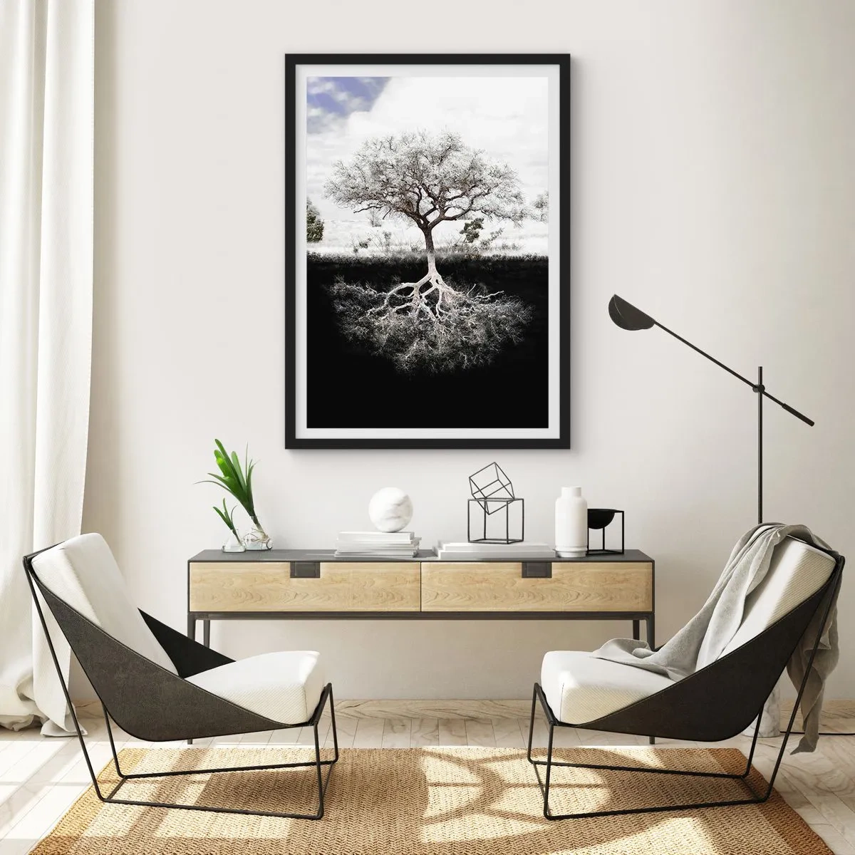 Plakát v černém rámu - Minimalistický strom s viditelným kořenovým systémem - 50x70cm - Objevení podstaty světa - Moderní nástěnná dekorace do obývacího pokoje a ložnice ARTTOR