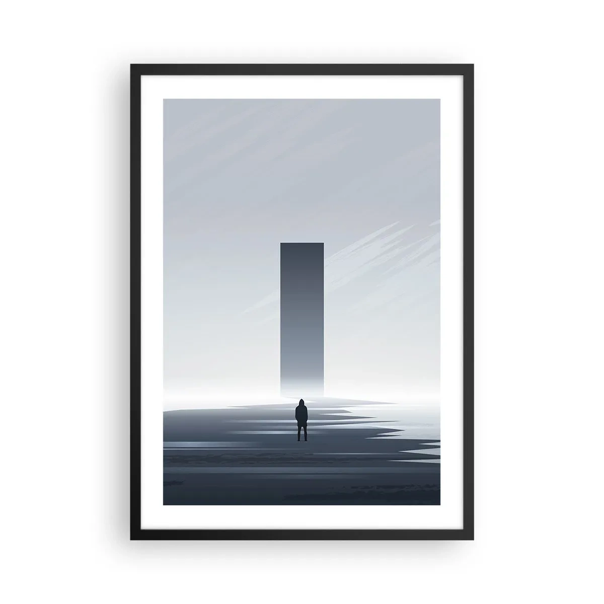 Plakát v černém rámu - Minimalistická scéna s tajemným monolitem v chladných tónech. - 50x70cm - Příležitost nebo hrozba? - Moderní nástěnná dekorace do obývacího pokoje a ložnice ARTTOR