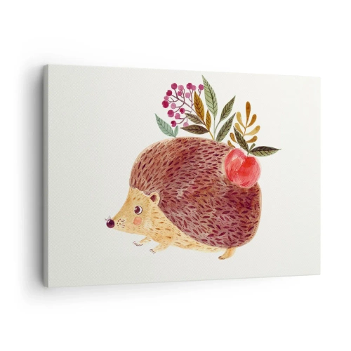 Obraz na plátně - Roztomilý ježek s jablkem a rostlinami v ilustrativním stylu - 70x50cm - A už mě máš rád - Moderní nástěnná dekorace do obývacího pokoje a ložnice ARTTOR