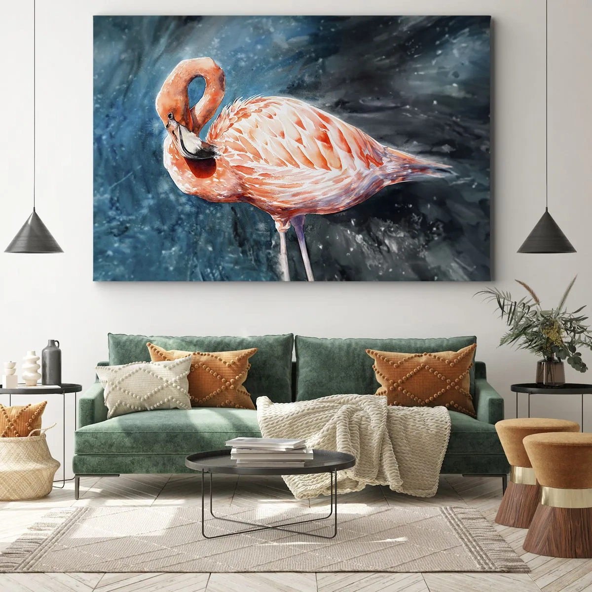 Obraz na plátně - Růžový plameňák na akvarelovém modrém pozadí - 70x50cm - Dekorativní od přírody - Moderní nástěnná dekorace do obývacího pokoje a ložnice ARTTOR