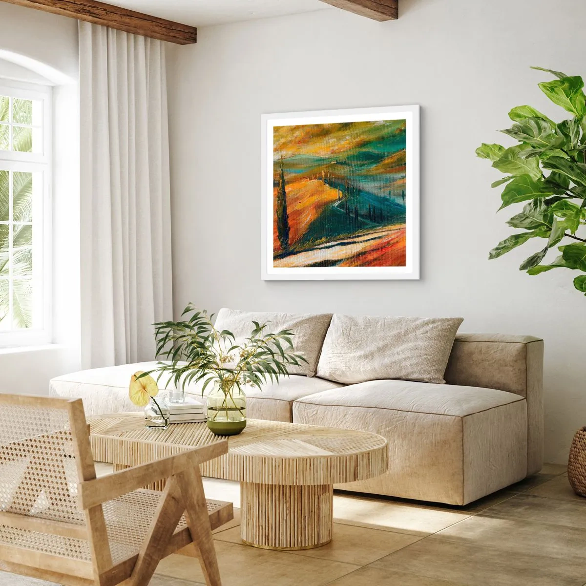 Plakát v bílém rámu - Toskánská krajina - 40x40 cm