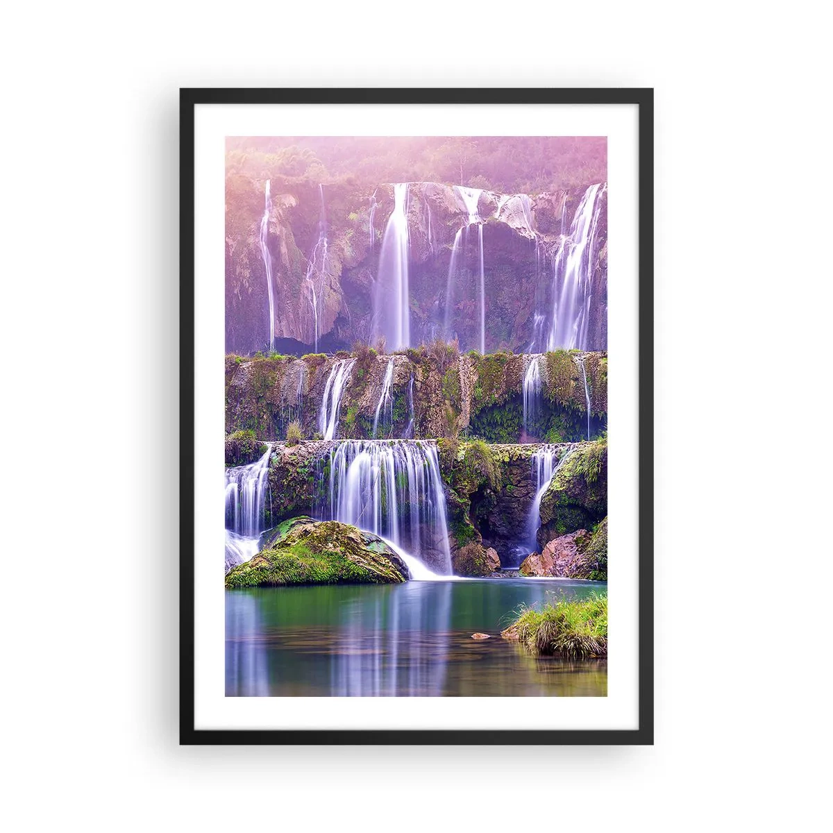 Plakát v černém rámu - Vodopád obklopený zelení - 50x70cm - Schody do nebe - Moderní nástěnná dekorace do obývacího pokoje a ložnice ARTTOR