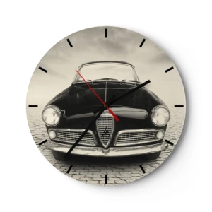 Nástěnné hodiny - Přední část klasického retro vozu na dlážděné silnici - 30x30cm - Jak mě nemilovat? - Moderní nástěnná dekorace do obývacího pokoje, kuchyně a ložnice ARTTOR