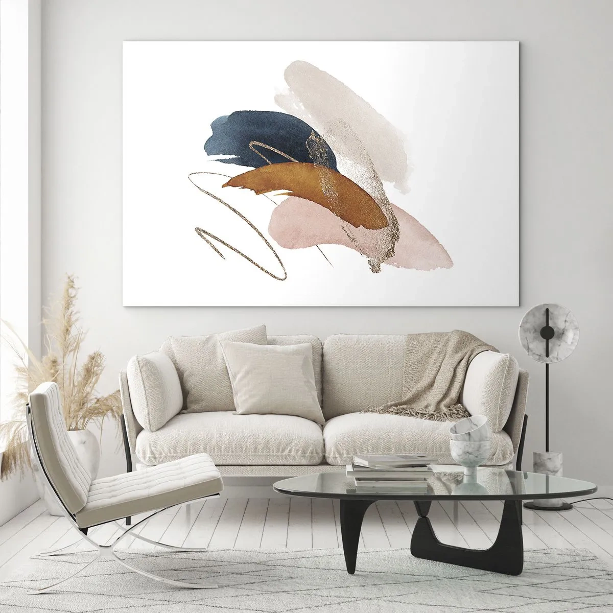 Obraz na skle - Abstraktní tahy štětcem v tlumených barvách - 70x50cm - Okřídlená kompozice - Moderní nástěnná dekorace do obývacího pokoje a ložnice ARTTOR
