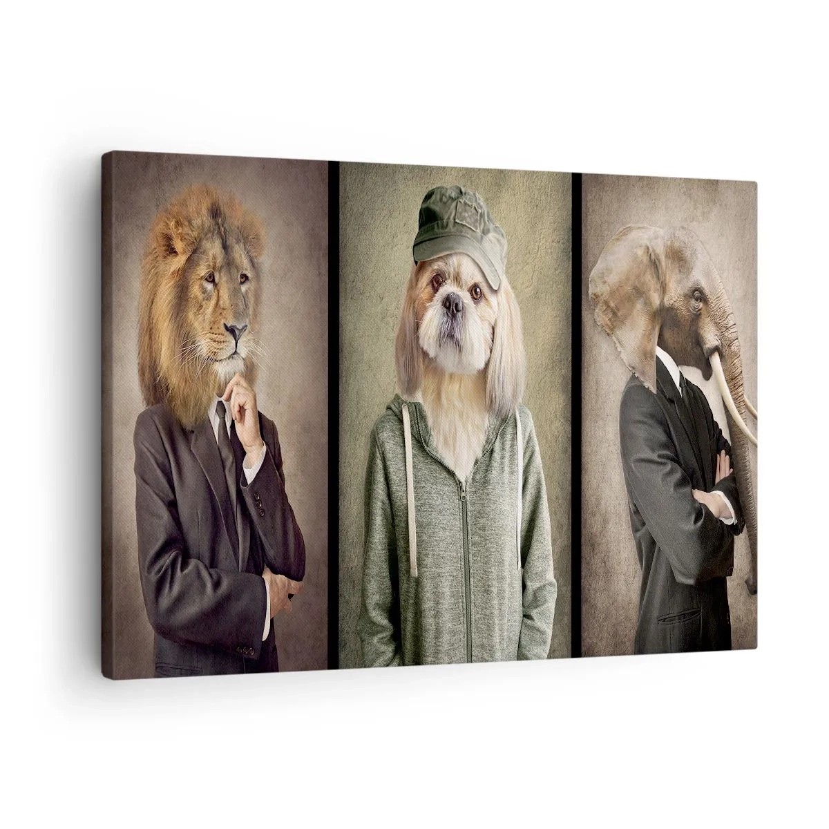 Obraz na plátně - Stylizované portréty lva, psa a slona v elegantním oblečení - 70x50cm - Mám raději klídek - Moderní nástěnná dekorace do obývacího pokoje a ložnice ARTTOR