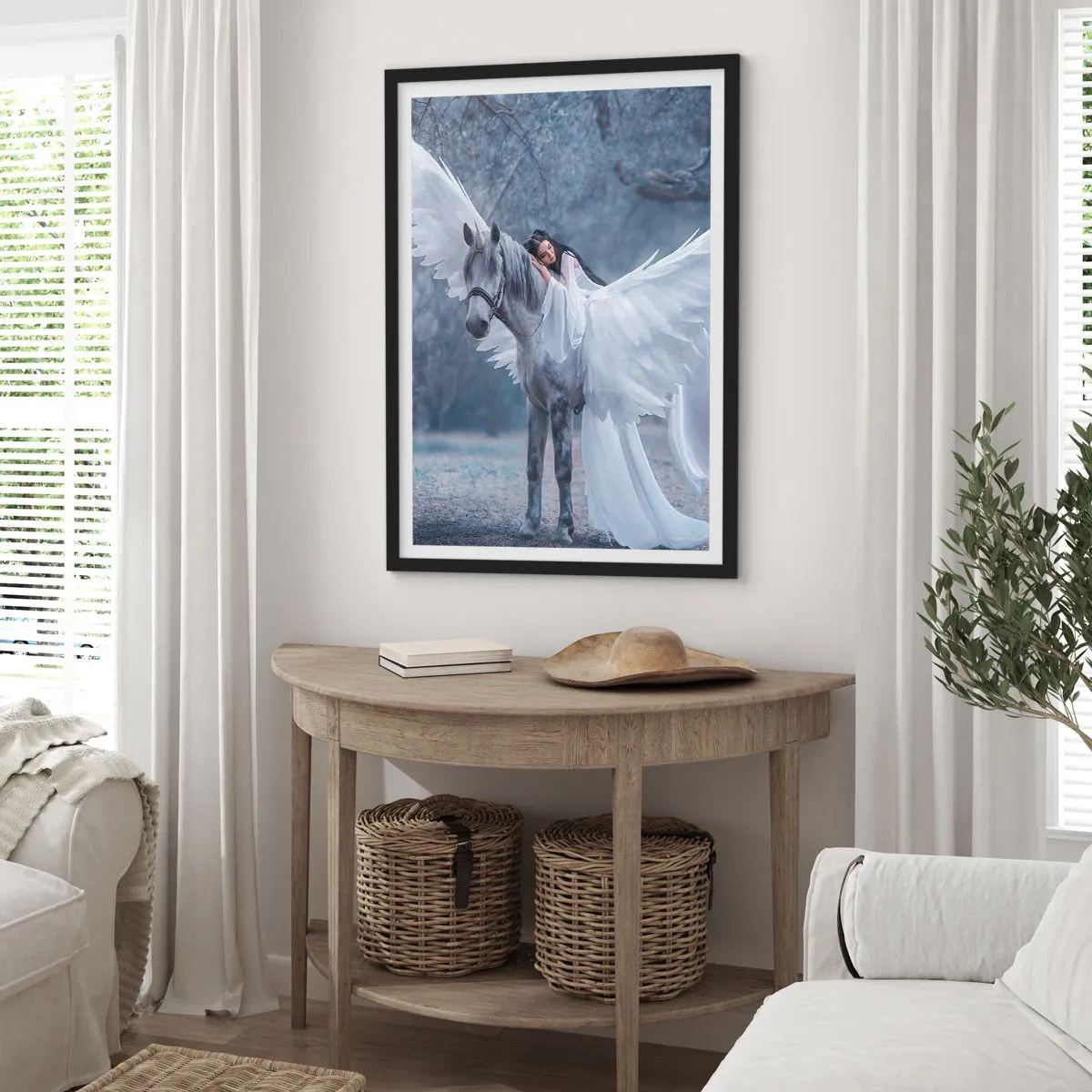 Plakát v černém rámu - Pegas s bílými křídly a éterickou postavou - 50x70cm - Nadšený okamžik - Moderní nástěnná dekorace do obývacího pokoje a ložnice ARTTOR