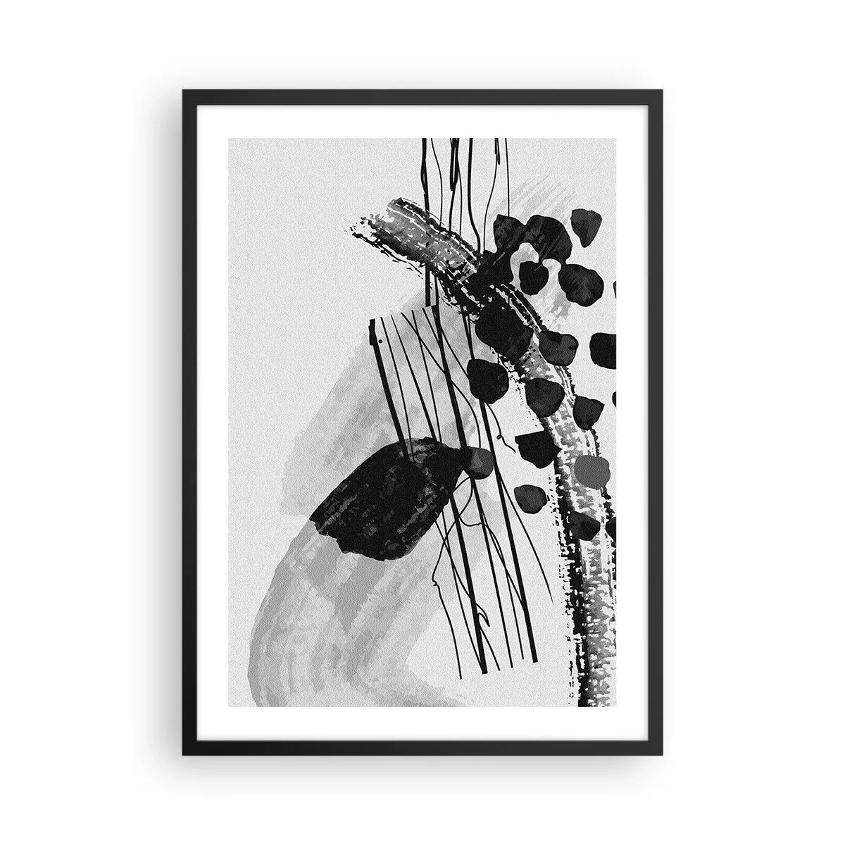 Plakát v černém rámu - Moderní abstrakce v černé a bílé s dynamickými liniemi - 50x70cm - Černobílá organická abstrakce - Moderní nástěnná dekorace do obývacího pokoje a ložnice ARTTOR