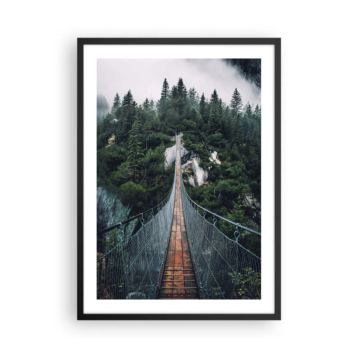 Plakát v černém rámu - Visutý most přes hustý, mlhavý les - 50x70cm - Pouze pro orly - Moderní nástěnná dekorace do obývacího pokoje a ložnice ARTTOR