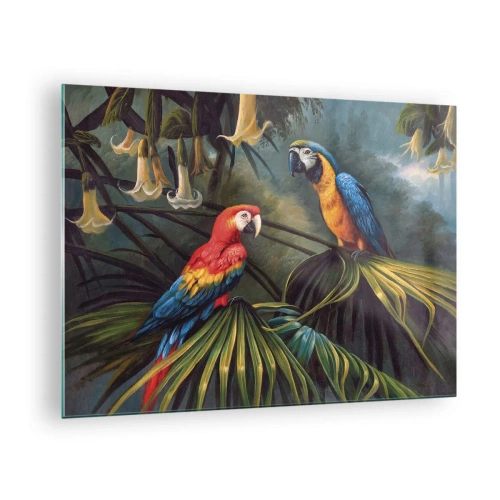 Obraz na skle - Dva barevní papoušci na pozadí tropické džungle - 70x50cm - Romantismus v tropech - Moderní nástěnná dekorace do obývacího pokoje a ložnice ARTTOR