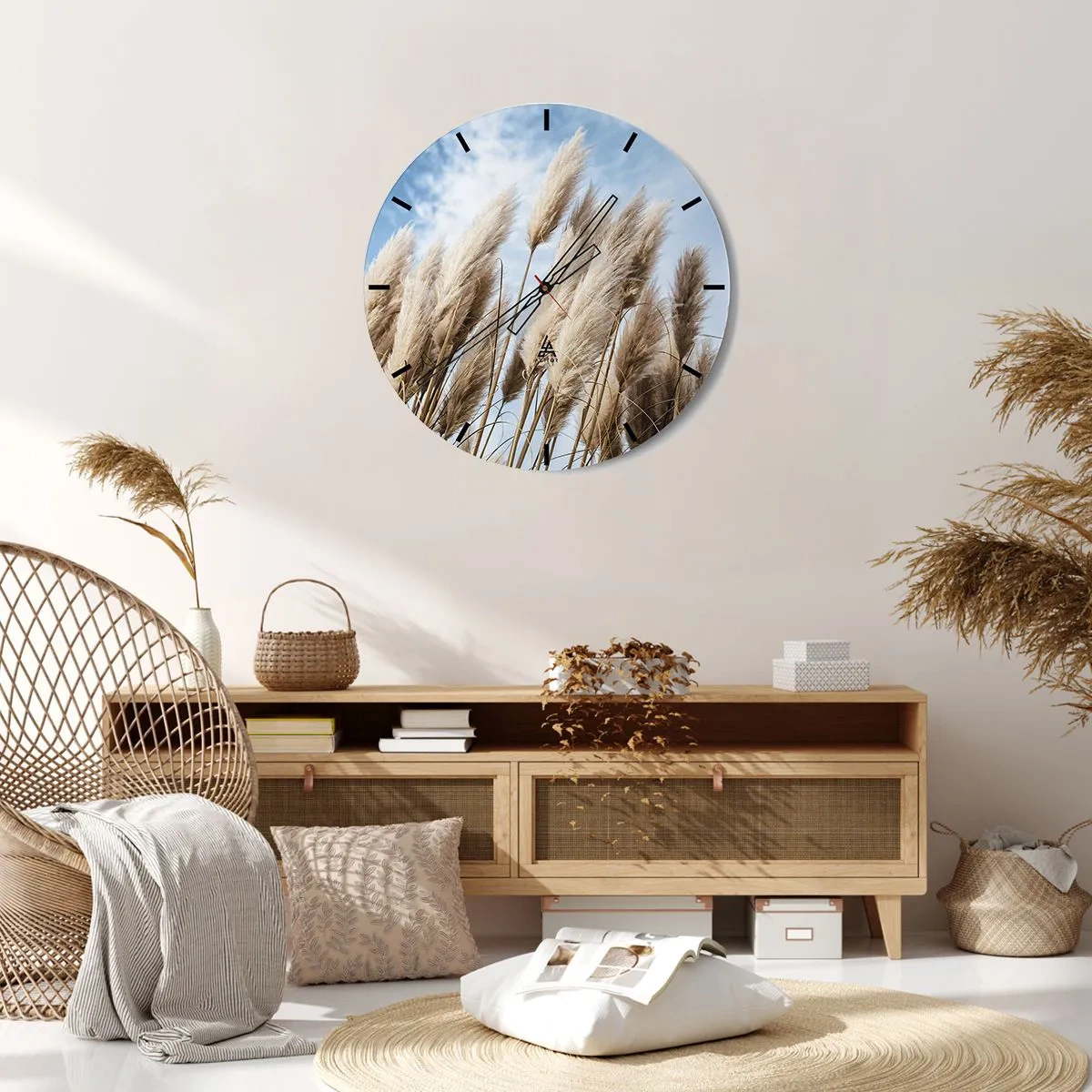 Nástěnné hodiny - Nadýchaná pampasová tráva proti modré obloze - 30x30cm - Slunečné a větrné pohlazení - Moderní nástěnná dekorace do obývacího pokoje, kuchyně a ložnice ARTTOR