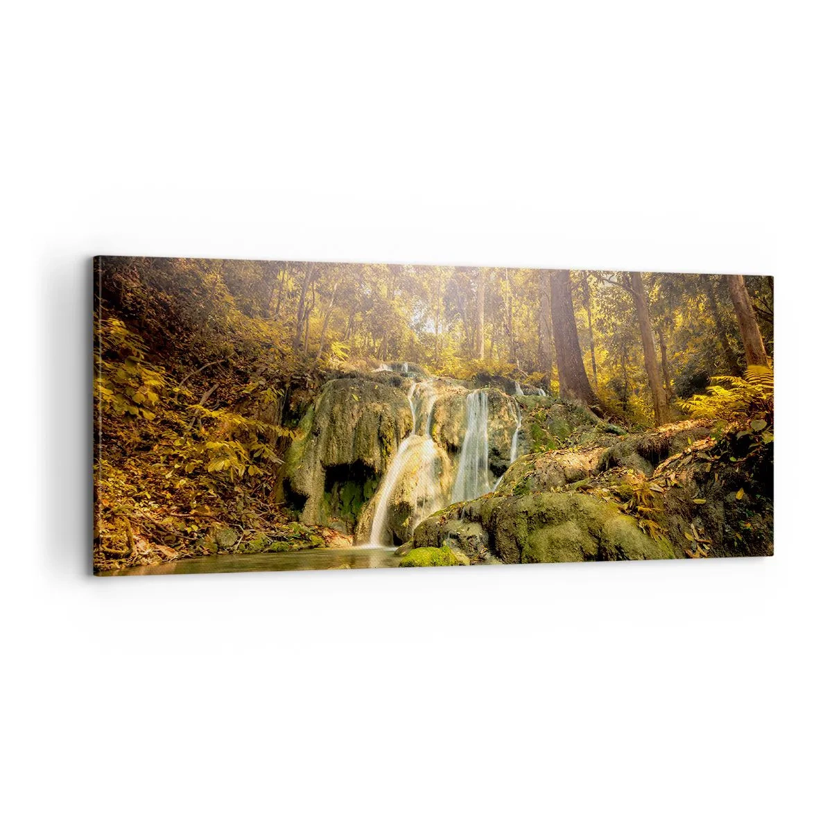 Obraz na plátně - Lesní vodopád v zelené - 100x40 cm