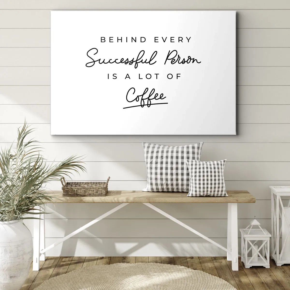 Obraz na plátně - Minimalistický citát o úspěchu a kávě na bílém pozadí. - 70x50cm - Tajemství úspěchu - Moderní nástěnná dekorace do obývacího pokoje a ložnice ARTTOR