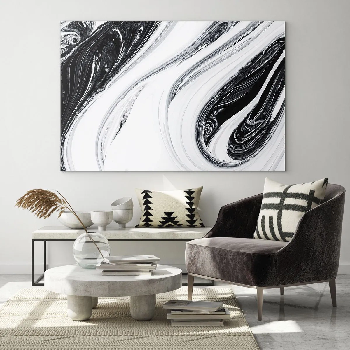 Obraz na skle - Černobílé vířící čáry připomínající mramor v abstraktním stylu - 70x50cm - Spojení protikladů - Moderní nástěnná dekorace do obývacího pokoje a ložnice ARTTOR