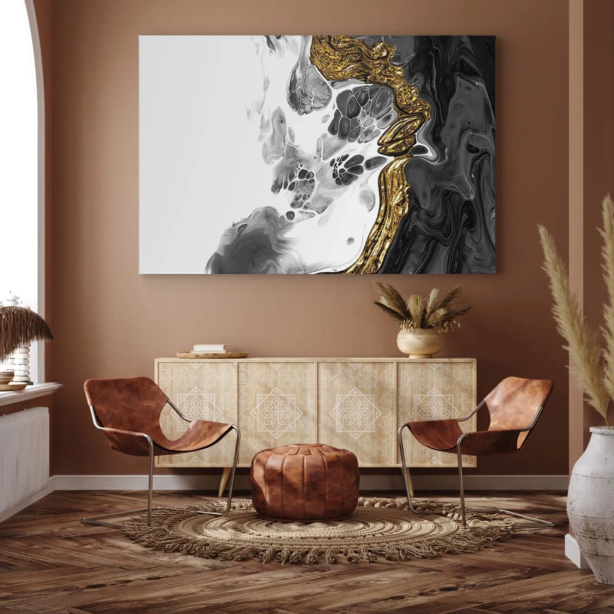 Obraz na plátně - Abstraktní kompozice s akcenty zlaté a černé. - 70x50cm - Organická kompozice - Moderní nástěnná dekorace do obývacího pokoje a ložnice ARTTOR