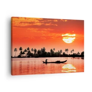 Obraz na plátně - Tropický západ slunce s lodí a palmami v pozadí - 70x50cm - Klid tropů při západu - Moderní nástěnná dekorace do obývacího pokoje a ložnice ARTTOR