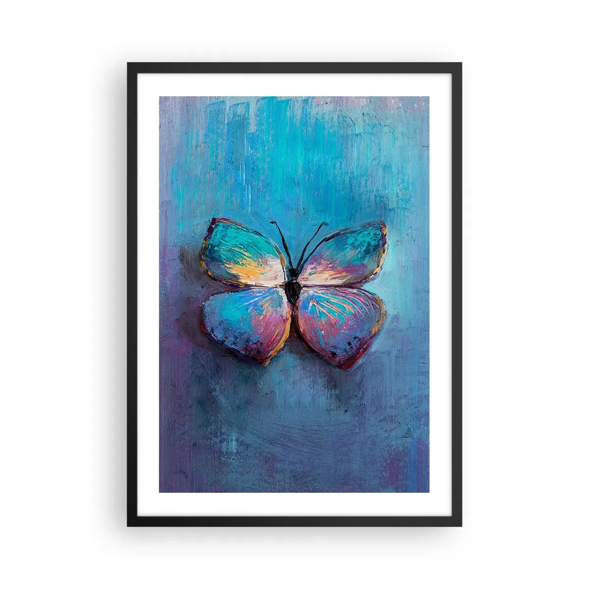 Plakát v černém rámu - Motýl v intenzivních barvách na modrém pozadí - 50x70cm - V celé své kráse - Moderní nástěnná dekorace do obývacího pokoje a ložnice ARTTOR