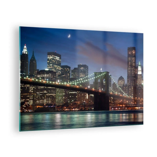 Obraz na skle - Panorama města s mostem osvětleným nočními světly - 70x50cm - Rozjařená noc - Moderní nástěnná dekorace do obývacího pokoje a ložnice ARTTOR