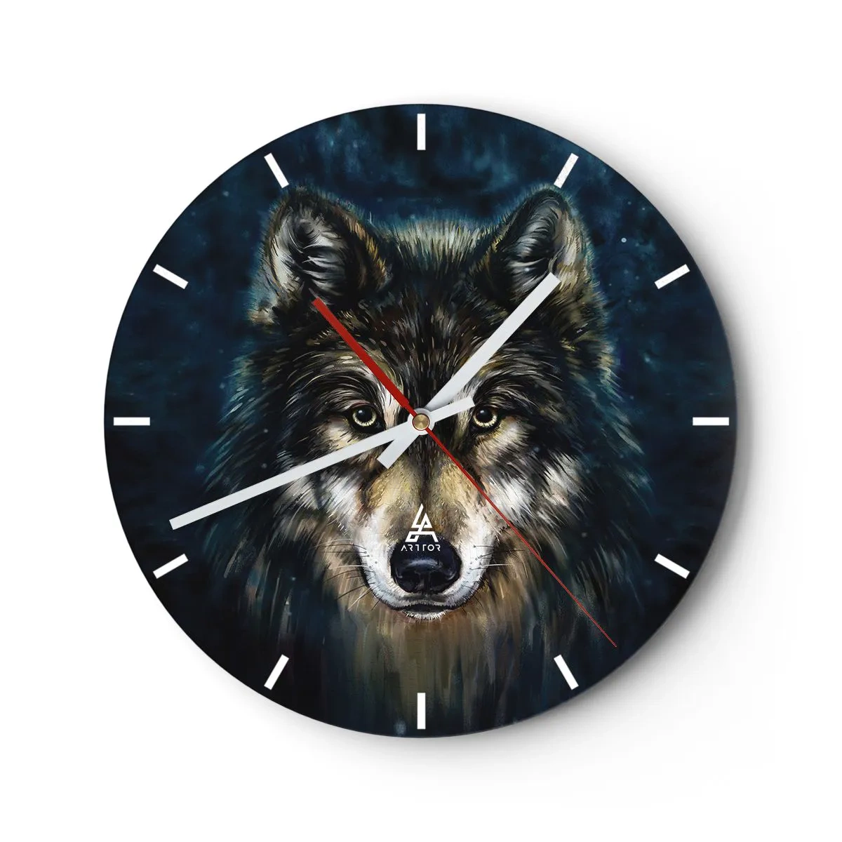 Nástěnné hodiny - Portrét vlka proti tmavě modré noční obloze - 30x30cm - Alfa? A omega - Moderní nástěnná dekorace do obývacího pokoje, kuchyně a ložnice ARTTOR