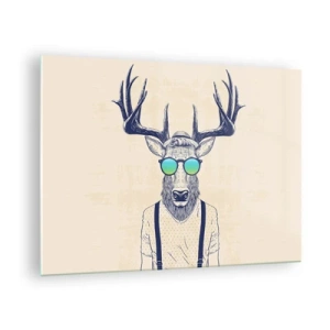 Obraz na skle - Elegantní jelen ve slunečních brýlích na světlém pozadí - 70x50cm - A koho jsi čekal? - Moderní nástěnná dekorace do obývacího pokoje a ložnice ARTTOR