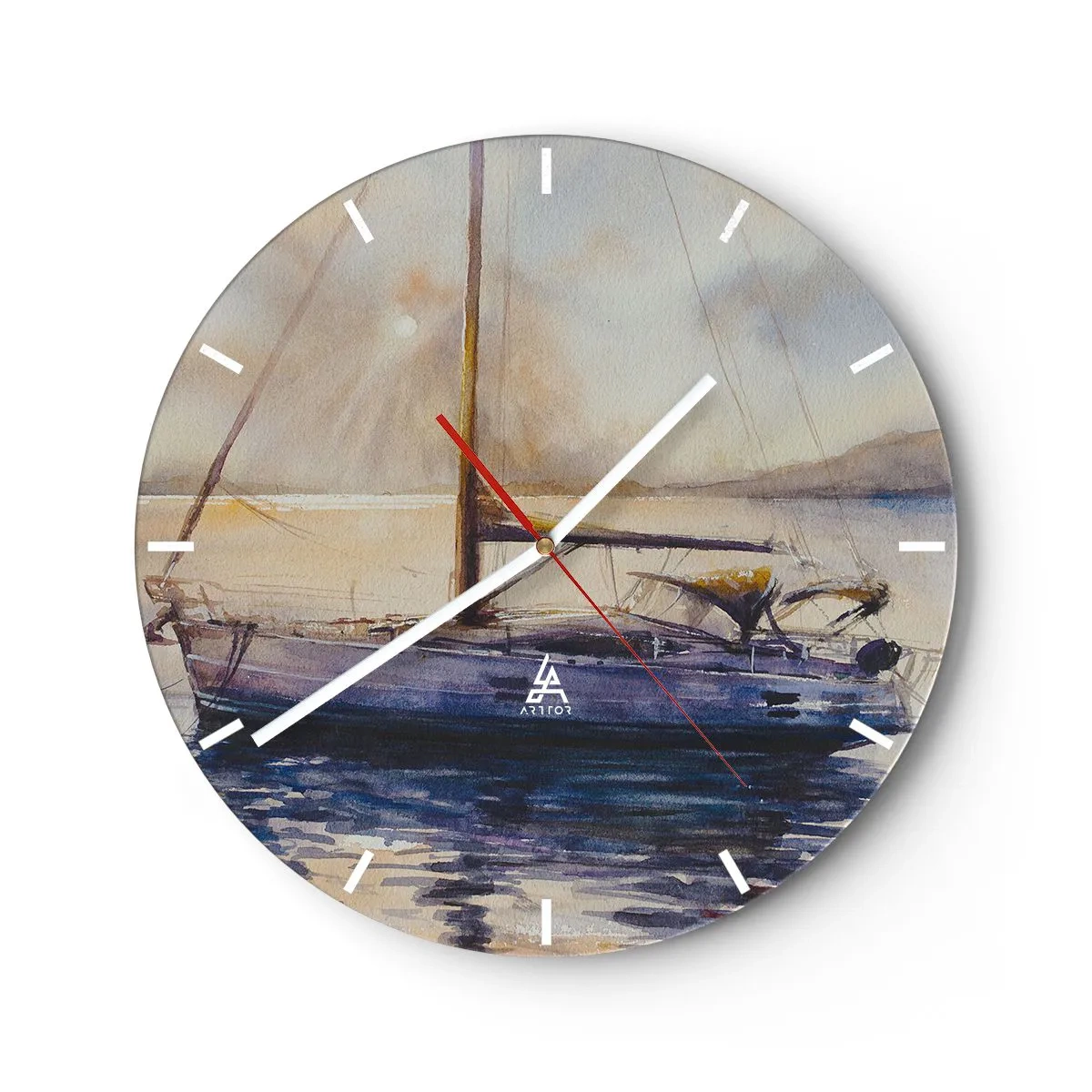 Nástěnné hodiny - Jachta na vodě při západu slunce ve stylu akvarelu - 30x30cm - Večer v zátoce - Moderní nástěnná dekorace do obývacího pokoje, kuchyně a ložnice ARTTOR