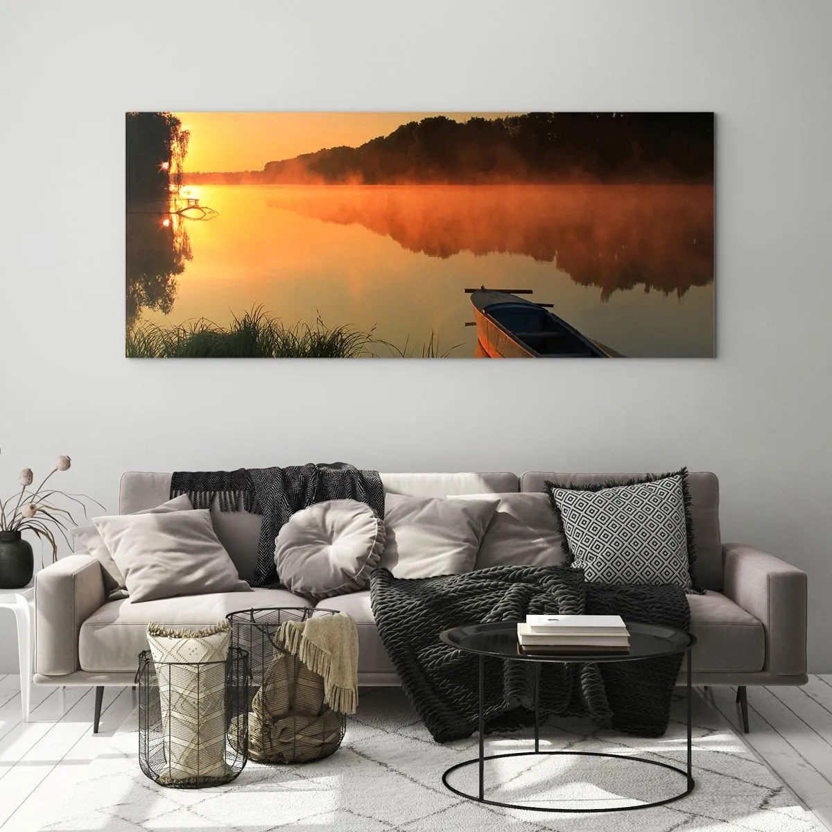 Obraz na skle - Východ slunce u vody jako povrch zrcadla - 140x50 cm